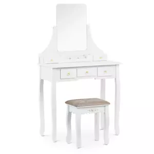 Fésülködő asztal téglalap alakú tükörrel és zsámollyal - 5 fiókkal - fehér színben | Uniprodo