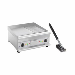 Dupla elektromos grill lap készlet 3as-grill kefével - 60 cm - sima/bordázott - acél - 2 x 3.200 W | Royal Catering