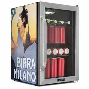 Klarstein Beersafe 70, Birra Milano Edition, hűtőszekrény, 70 liter, 3 polc, panoráma üvegajtó, rozsdamentes acél